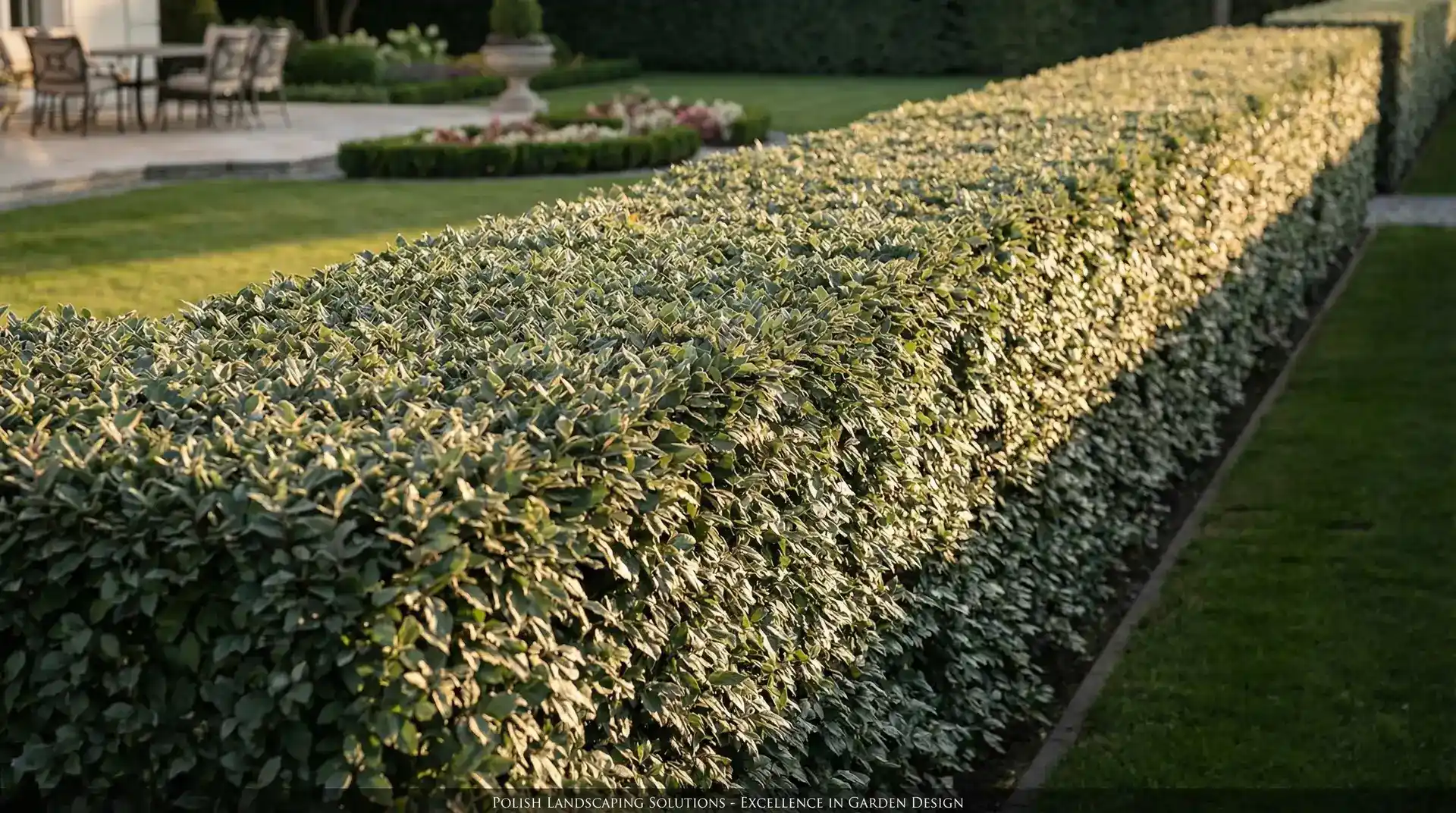 Gęsty, idealnie przycięty żywopłot z grabu oddzielający ogród od ulicy