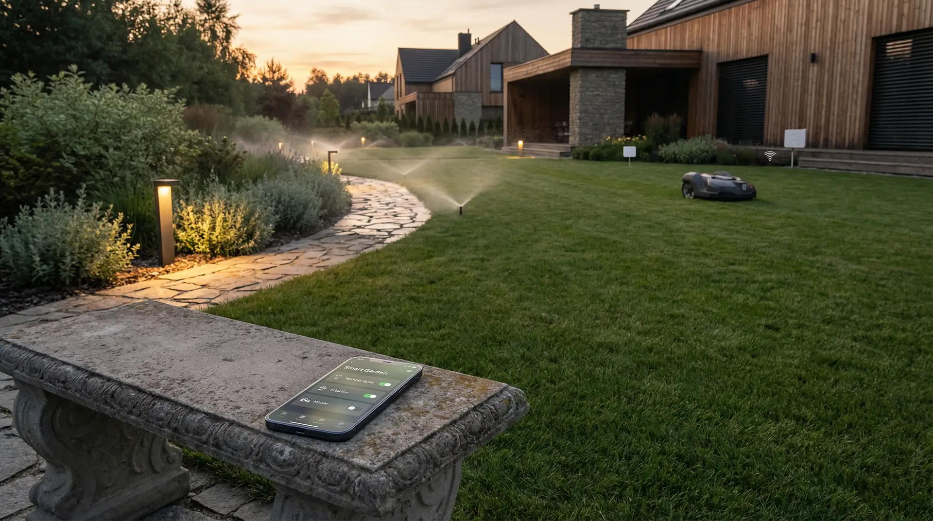 Inteligentny ogród o zmierzchu z automatycznym oświetleniem i systemem nawadniania sterowanym smartfonem