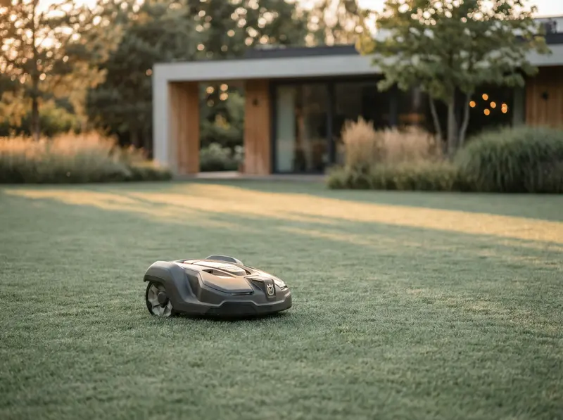 Robot koszący autonomicznie pracujący na luksusowym trawniku w poznańskim ogrodzie