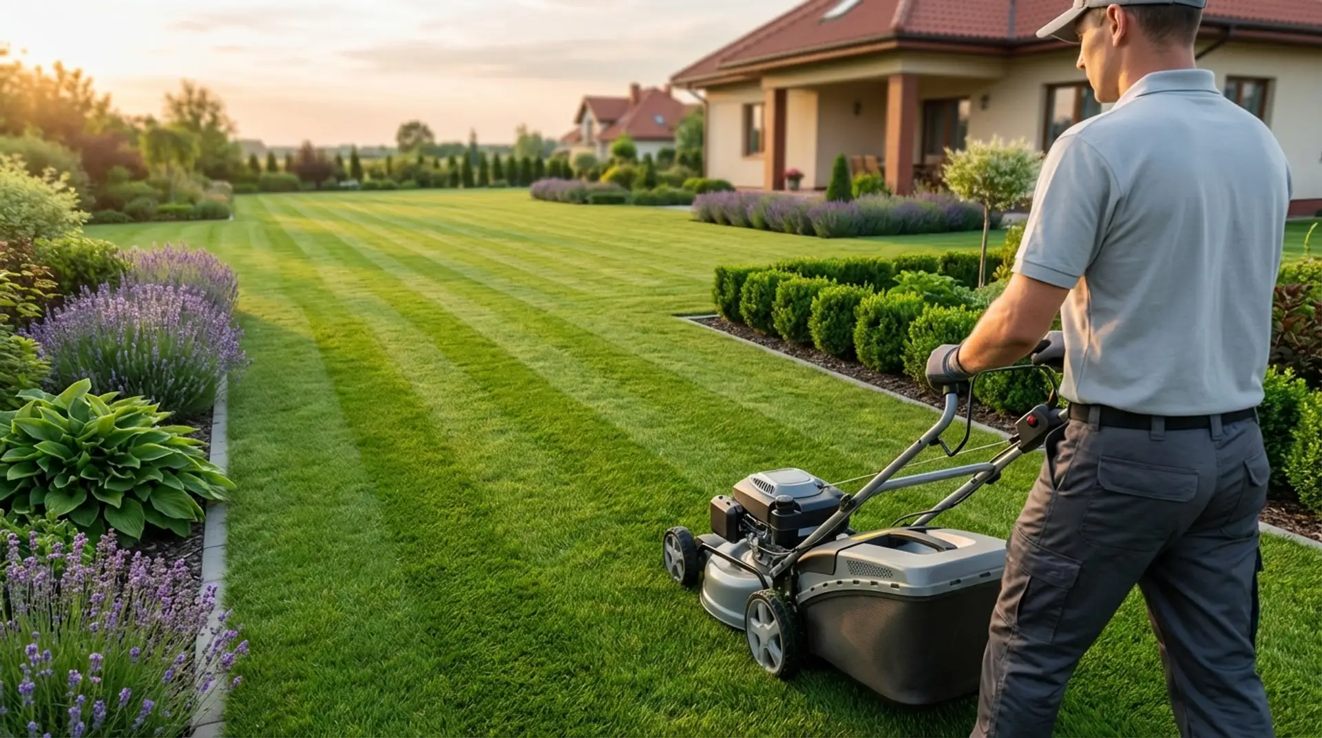 Profesjonalnie skoszony trawnik z wyraźnymi pasami w poznańskim ogrodzie