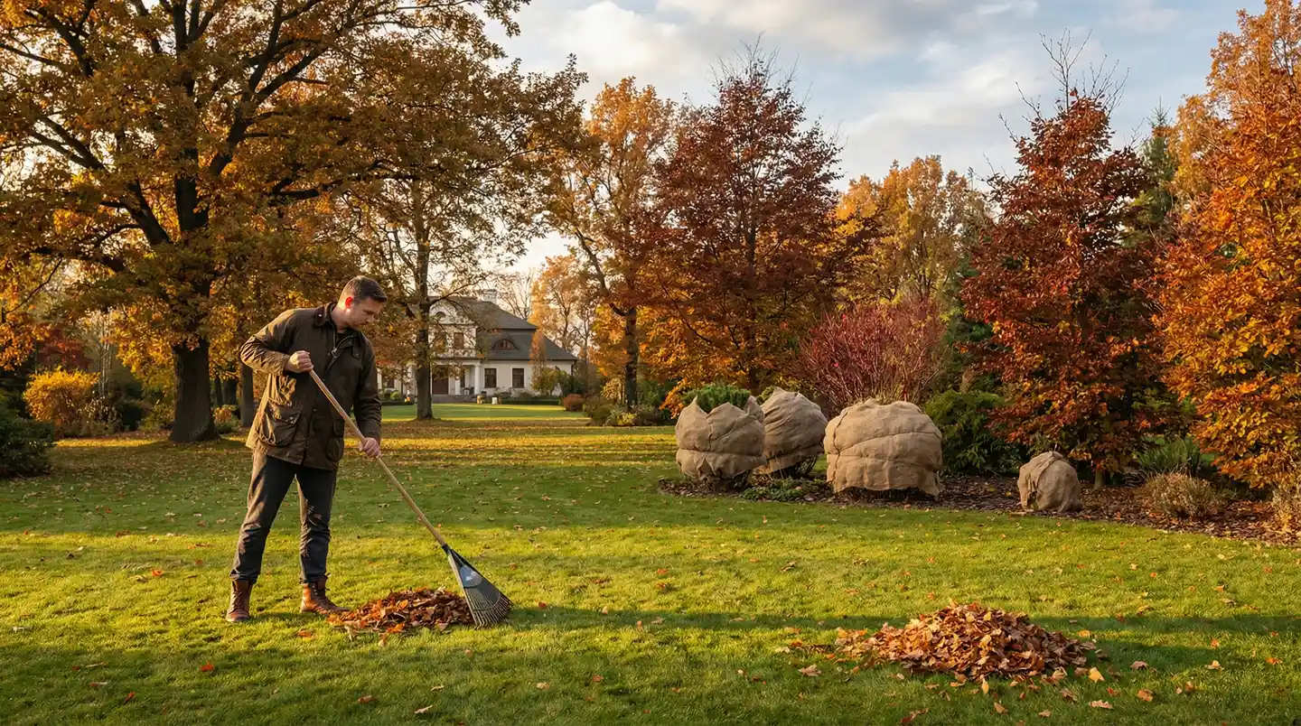 Profesjonalna pielęgnacja sezonowa ogrodu w Poznaniu — grabienie liści jesienią