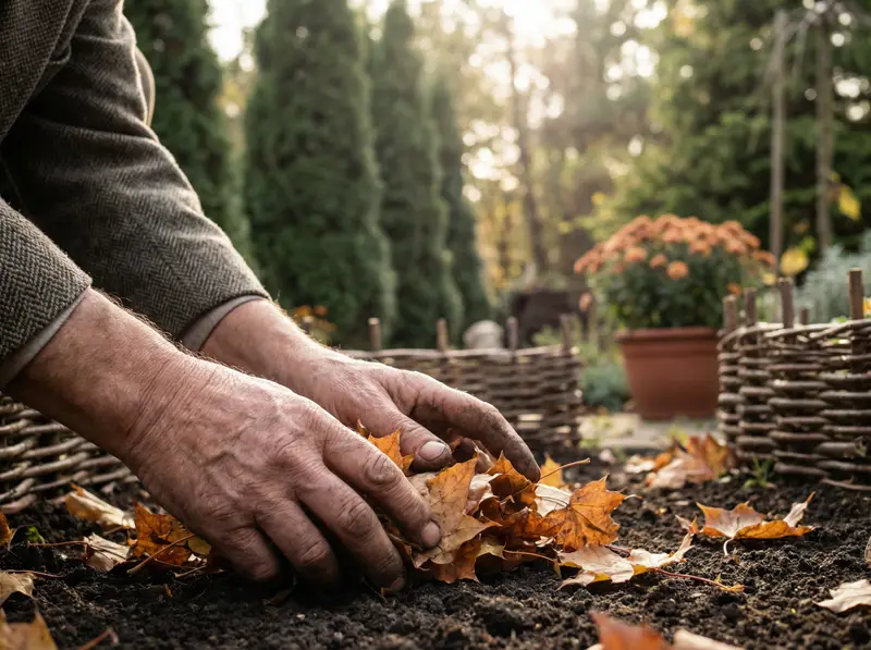 Profesjonalna pielęgnacja sezonowa — dłonie ogrodnika podczas jesiennych prac w ogrodzie