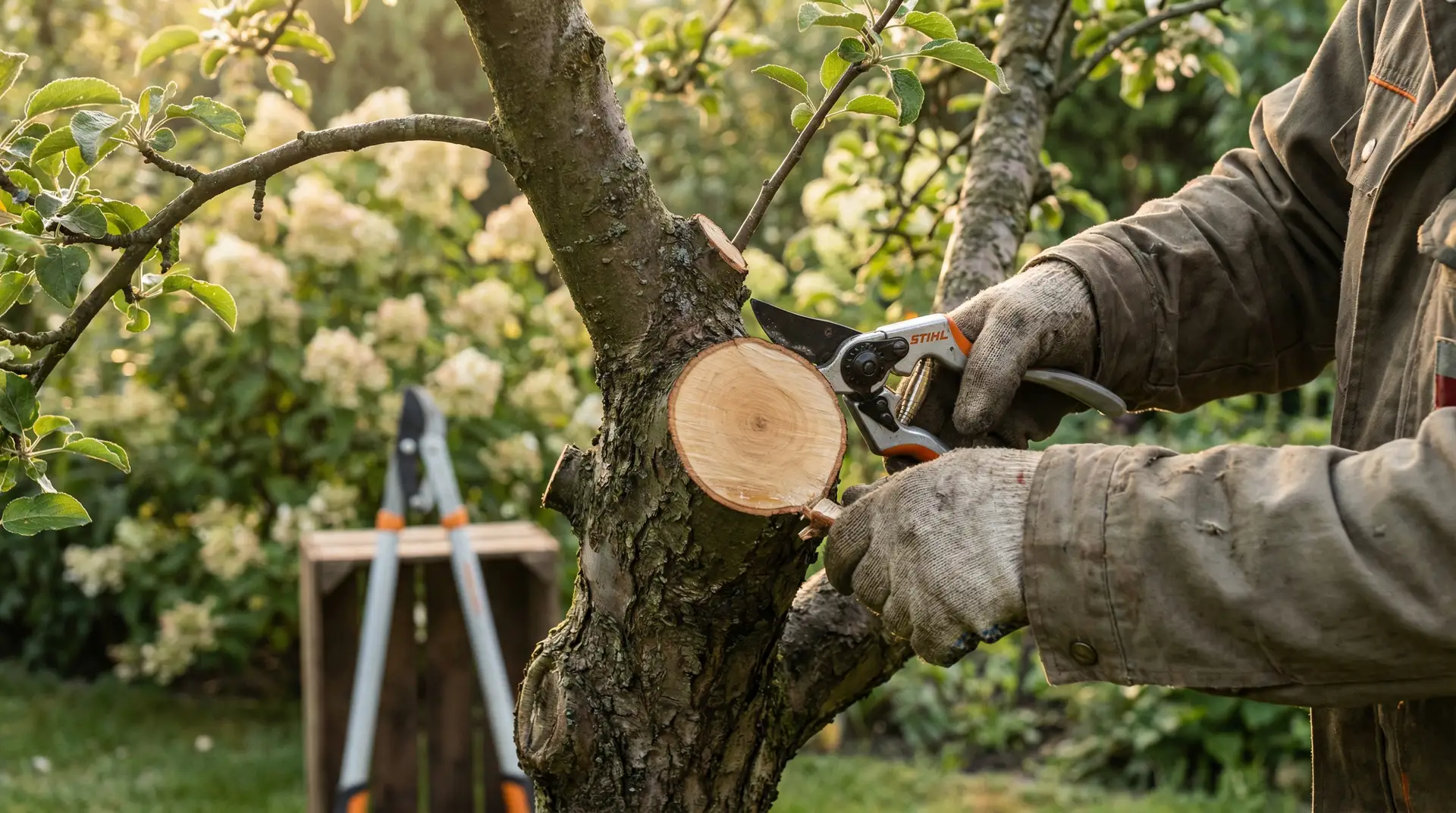 Profesjonalne przycinanie drzew w poznańskim ogrodzie — precyzyjne cięcie gałęzi