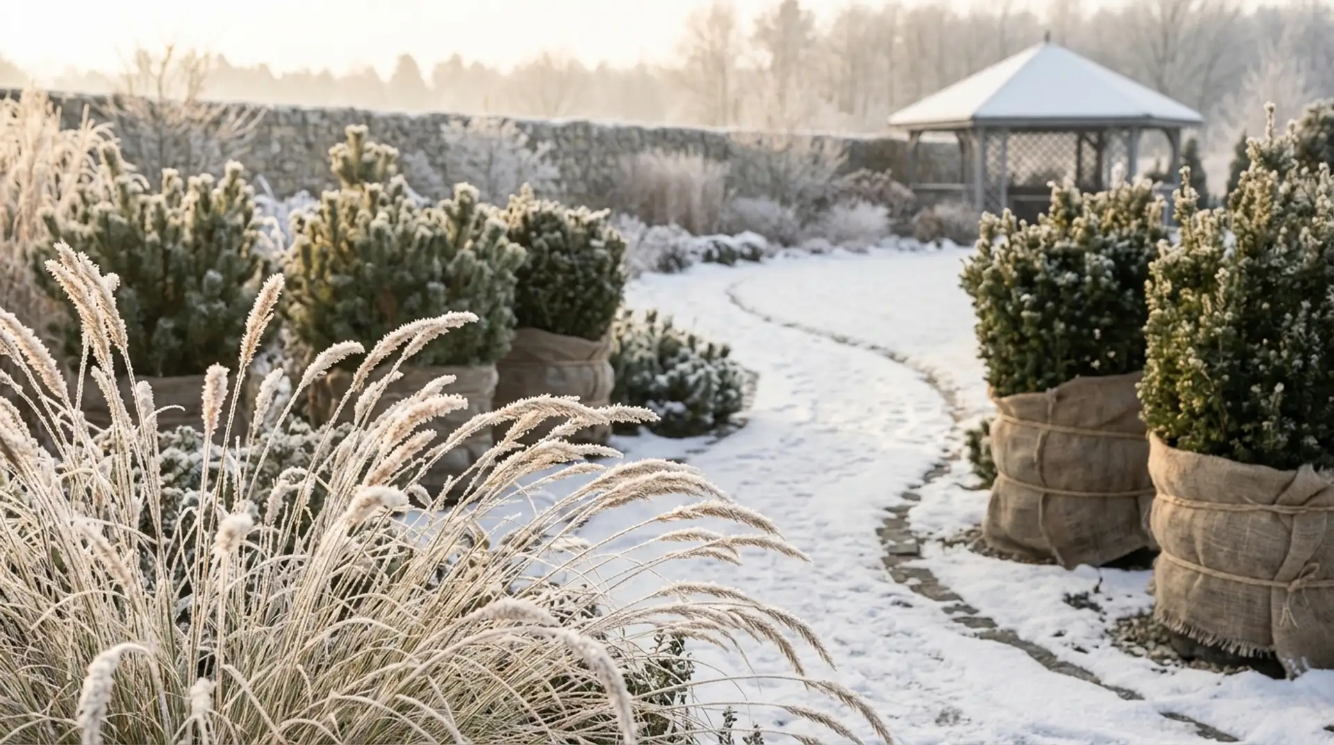 Ogród zimą z roślinami chronionymi przed mrozem i odśnieżoną ścieżką