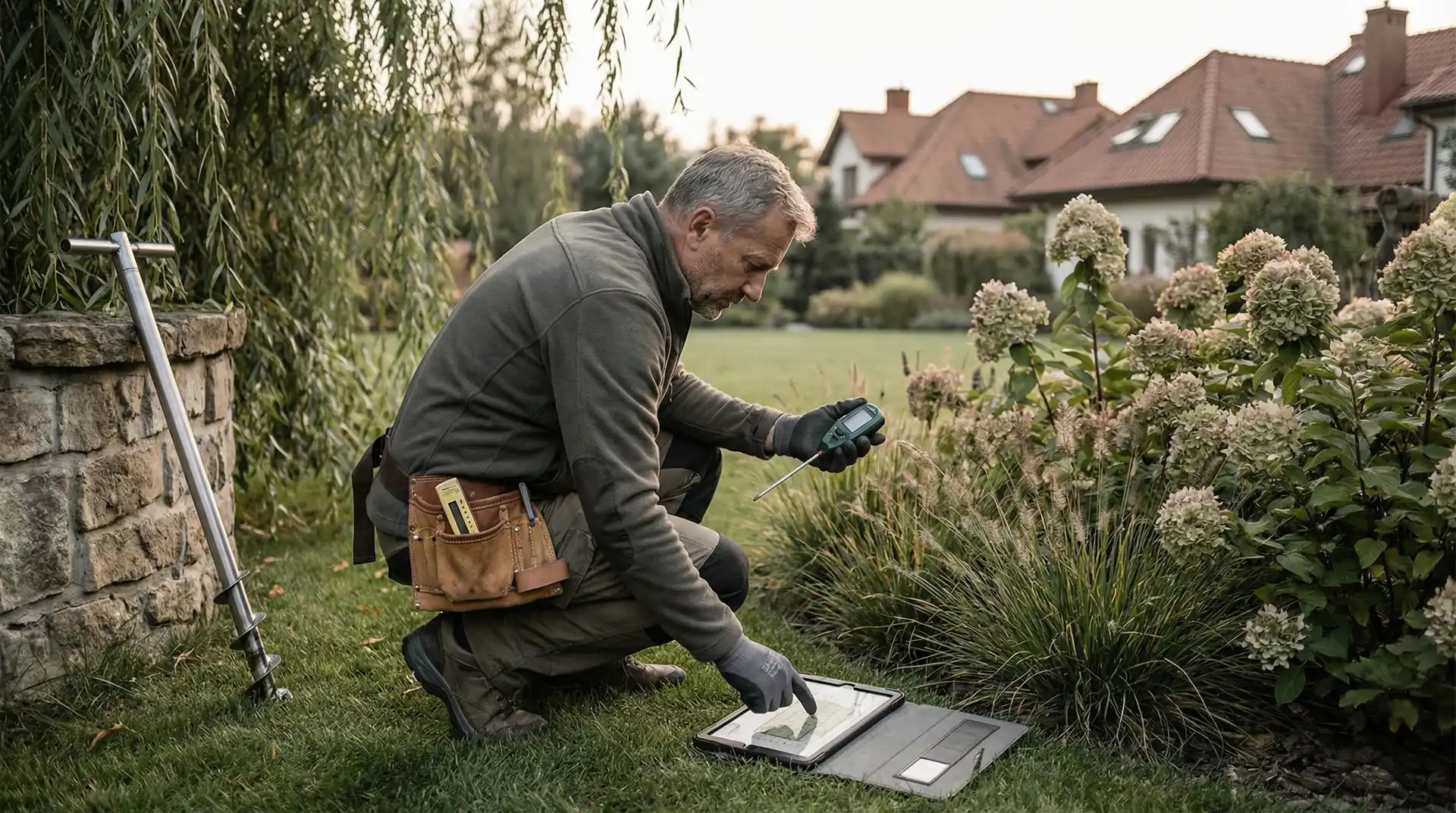 Architekt krajobrazu analizujący działkę z narzędziami pomiarowymi w polskim ogrodzie