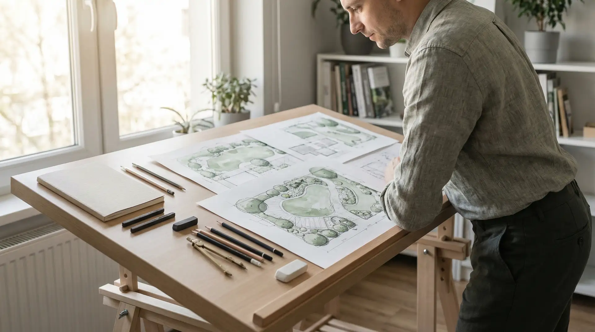 Architekt krajobrazu pracujący nad koncepcją ogrodu przy biurku projektowym