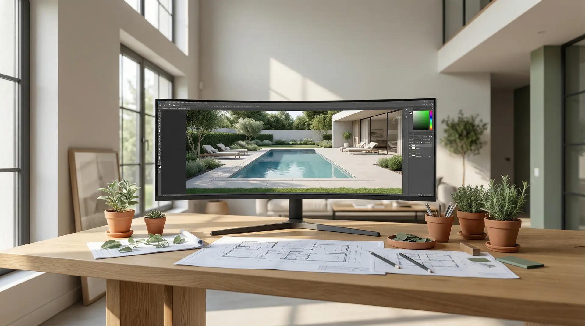 Profesjonalne studio projektowania ogrodów z ekranem pokazującym fotorealistyczną wizualizację 3D luksusowego ogrodu