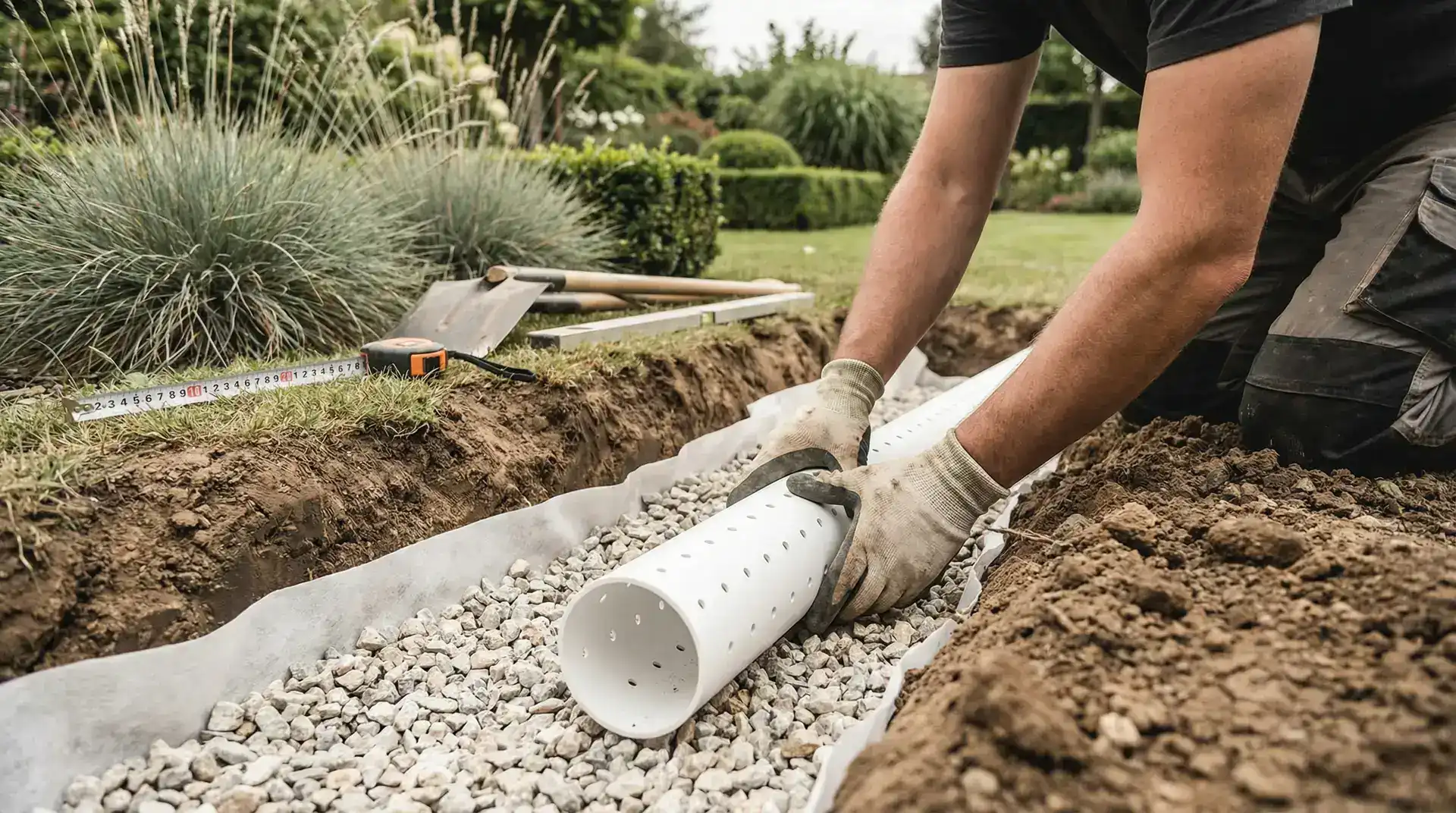 Profesjonalne układanie rur drenażowych w wykopie z obsypką żwirową i geowłókniną