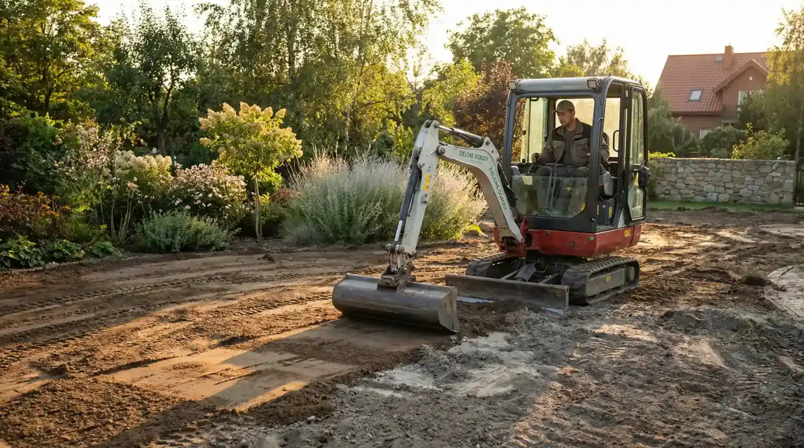 Profesjonalna niwelacja terenu koparko-ładowarką w poznańskim ogrodzie