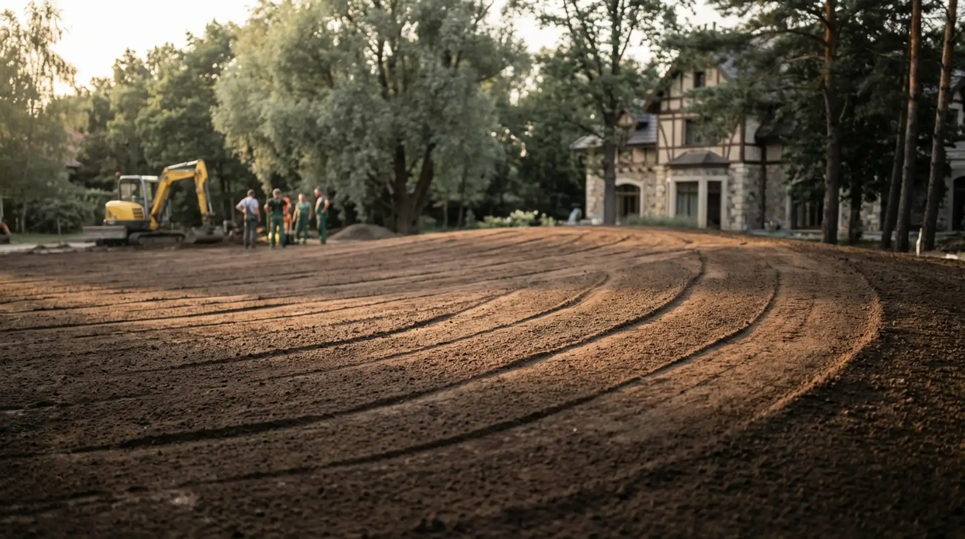 Profesjonalne przygotowanie terenu pod ogród z widocznymi pracami ziemnymi i poprawą gleby