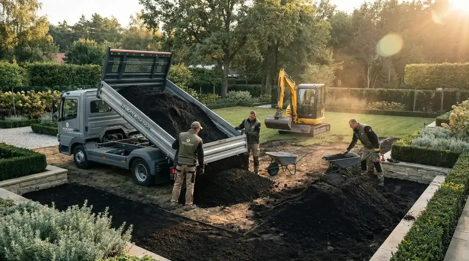 Rozładunek żyznej ziemi ogrodowej na działce w Poznaniu