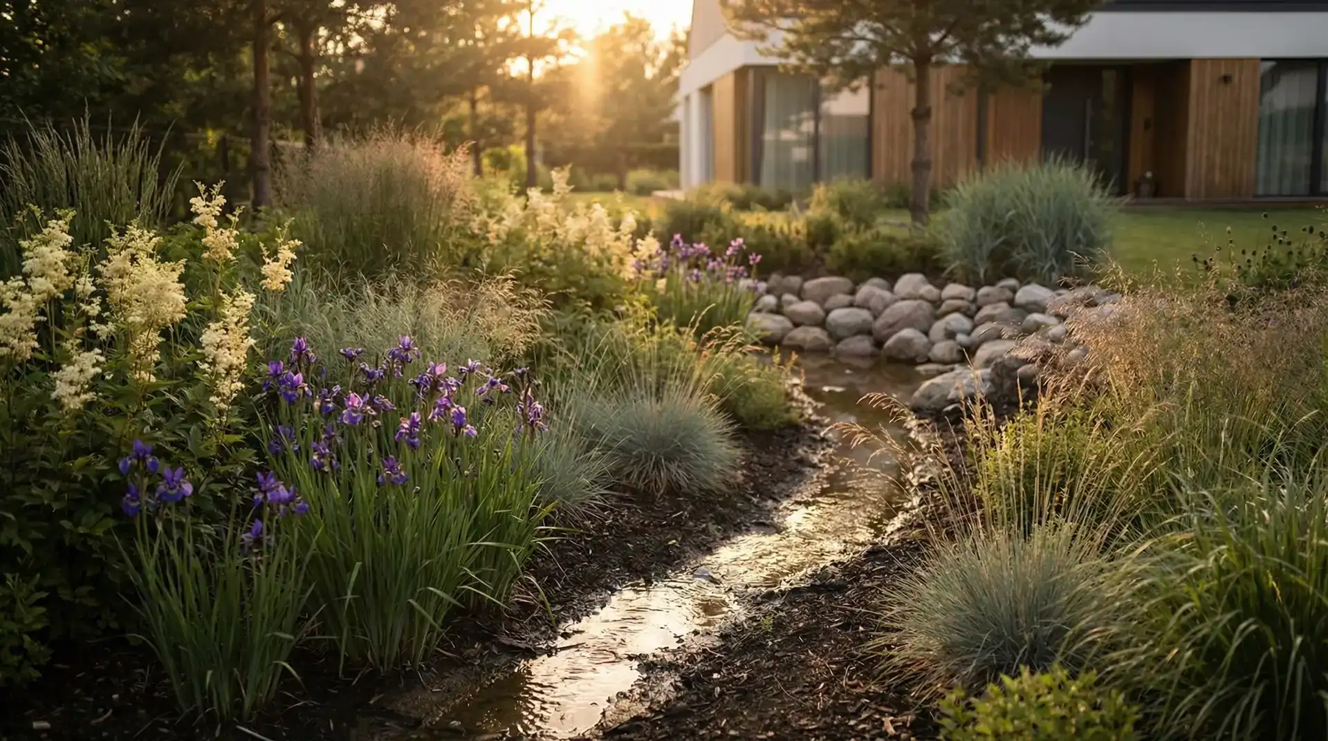 Ogród deszczowy z irisami syberyjskimi i trawami ozdobnymi po opadach deszczu w poznańskim ogrodzie