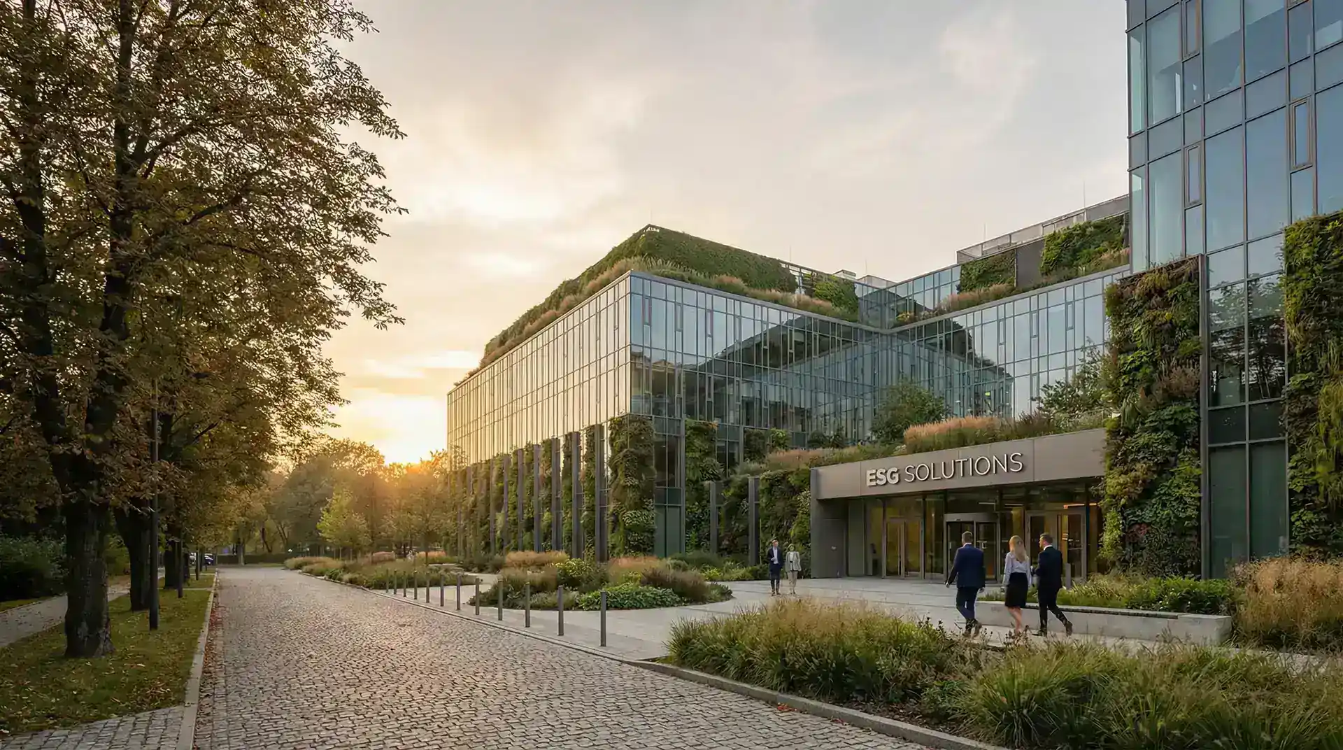 Zielona infrastruktura przy nowoczesnym biurowcu w Poznaniu — zrównoważony rozwój