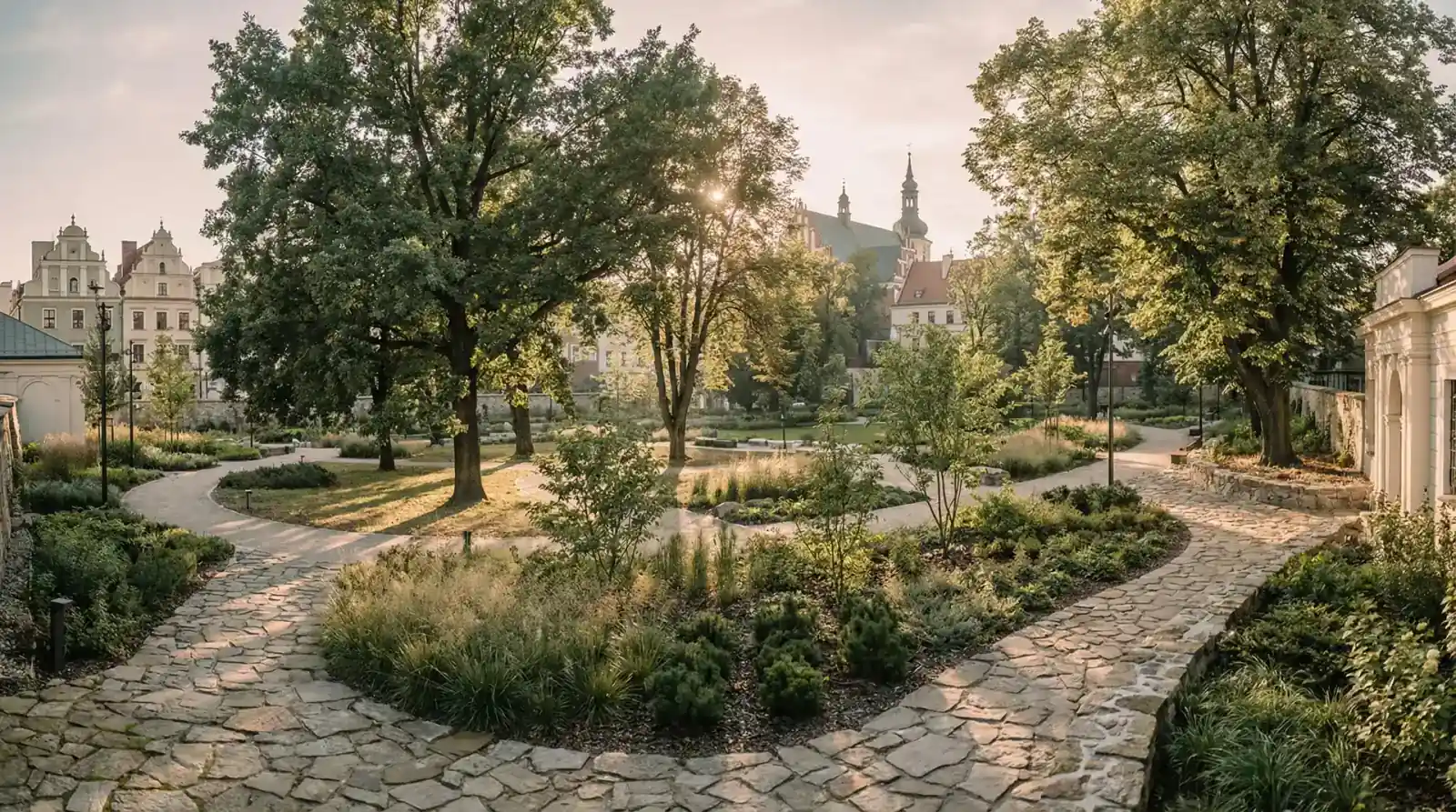 Zrewitalizowany park miejski z nowymi nasadzeniami i alejkami spacerowymi w Poznaniu