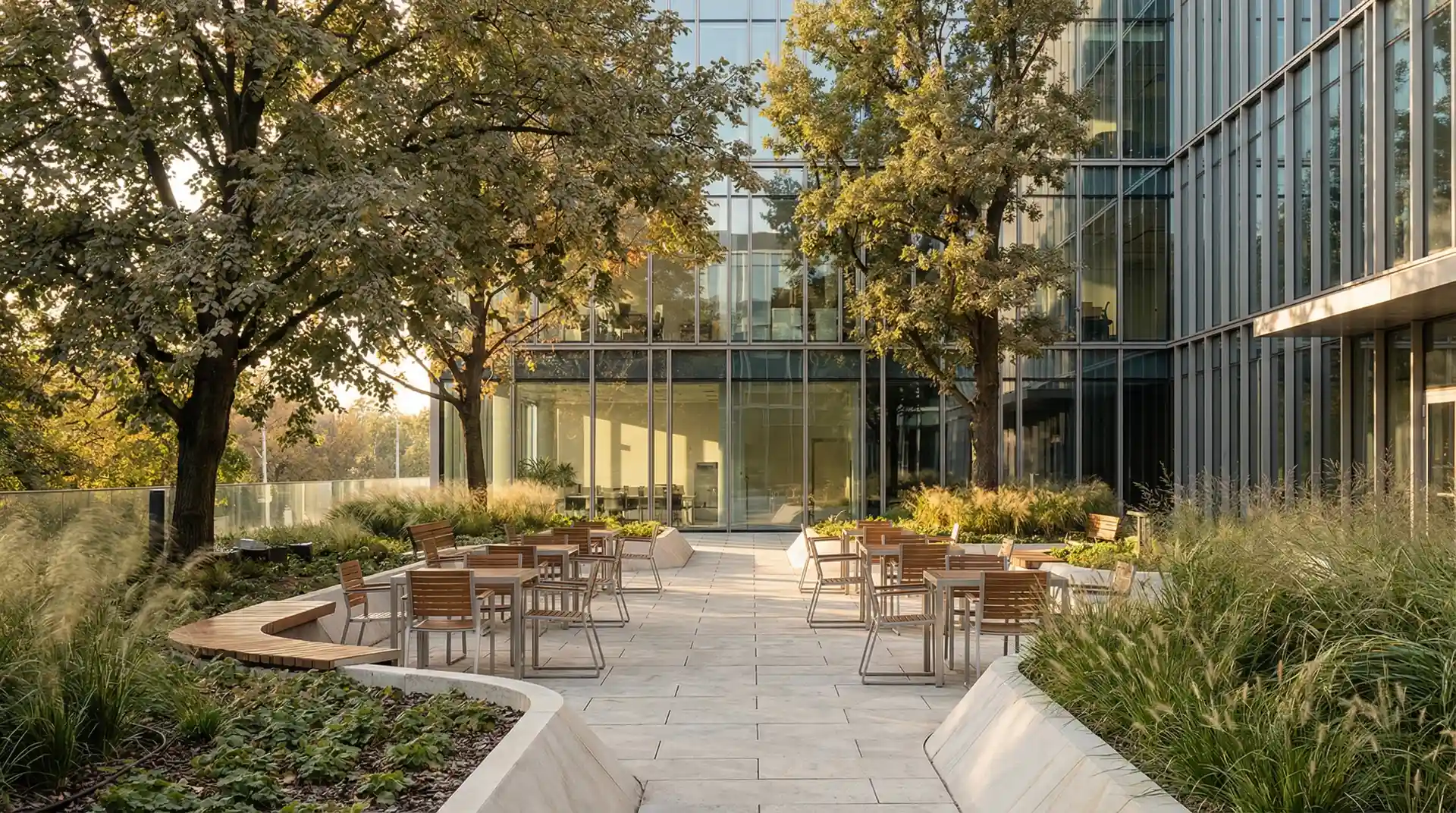 Profesjonalnie zaprojektowana zieleń przed nowoczesnym biurowcem w Poznaniu