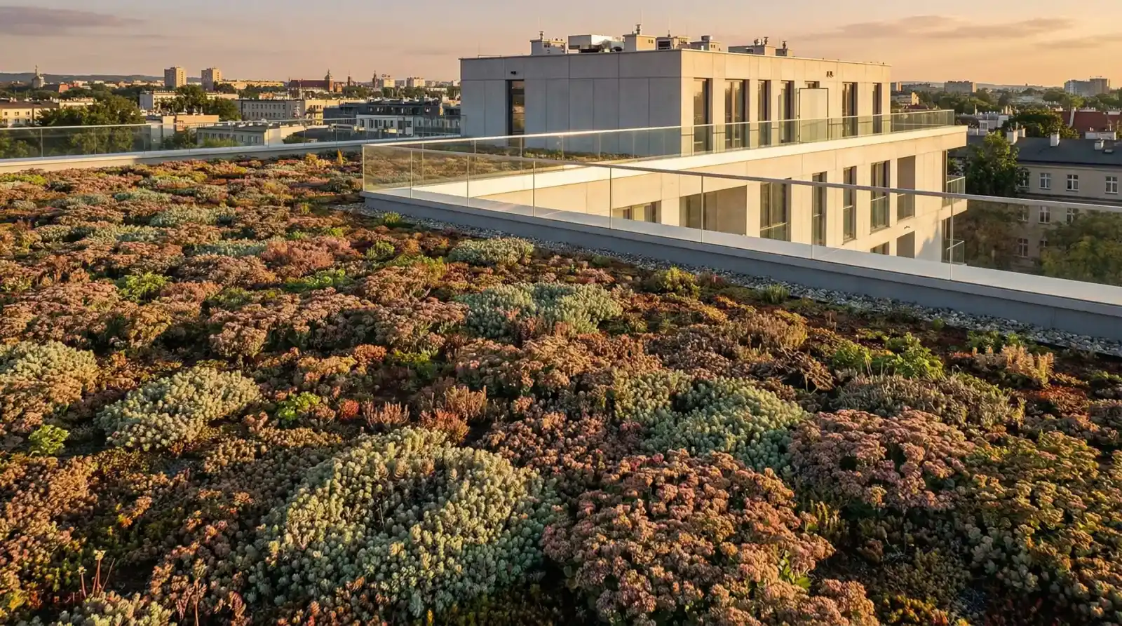 Zielony dach ekstensywny pokryty rozchodnikami na nowoczesnym budynku w Polsce