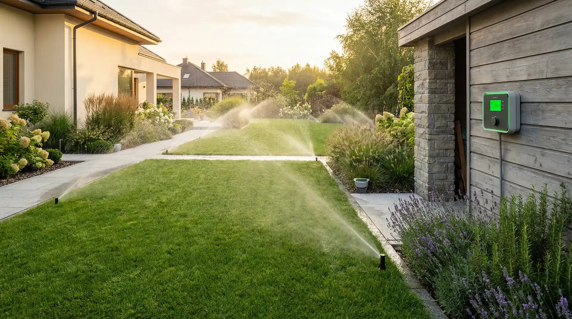 Sterownik inteligentnego nawadniania Rain Bird na ścianie obok ogrodu