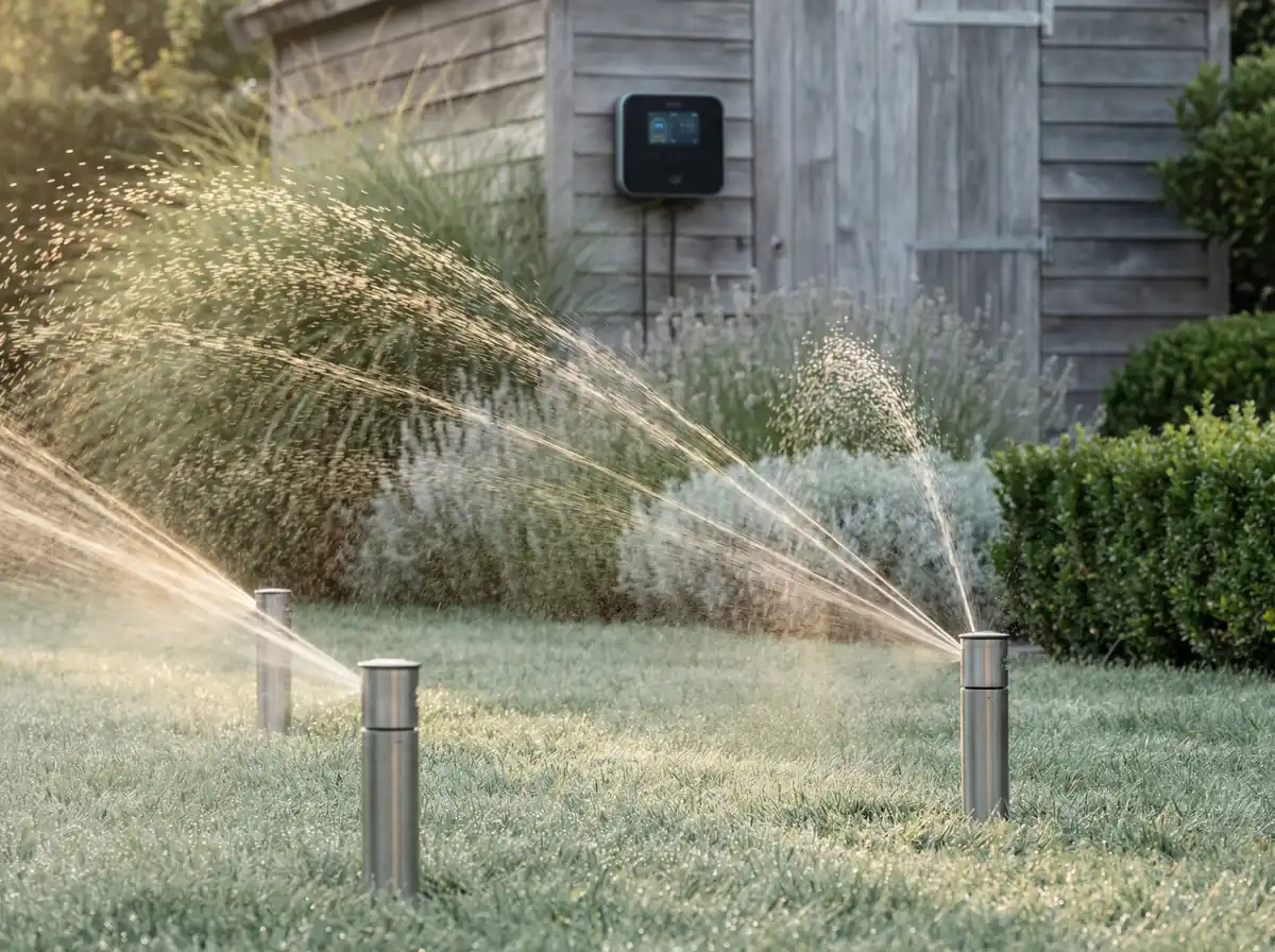 Zraszacze w pracy na zielonym trawniku o poranku