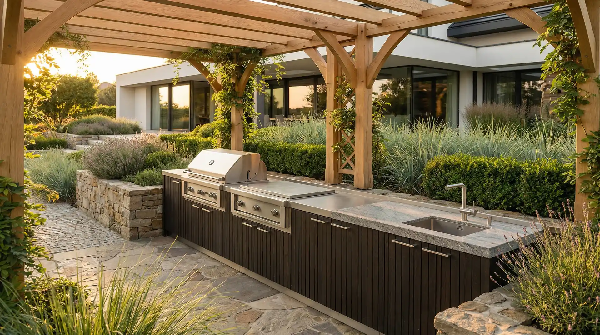 Nowoczesna kuchnia ogrodowa ze stali nierdzewnej w polskim ogrodzie