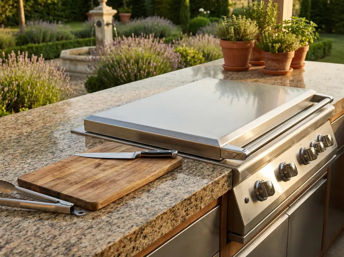 Szczegół blatu kuchni ogrodowej z przygotowywanymi potrawami