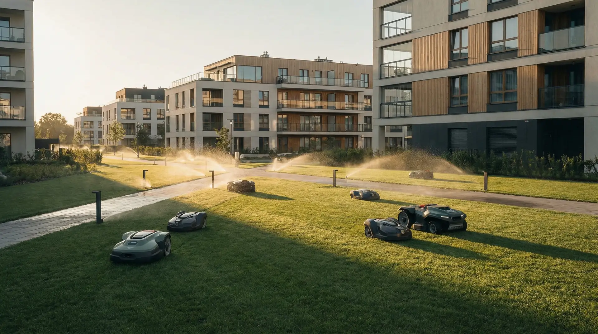 Flota robotów koszących na terenie osiedla deweloperskiego