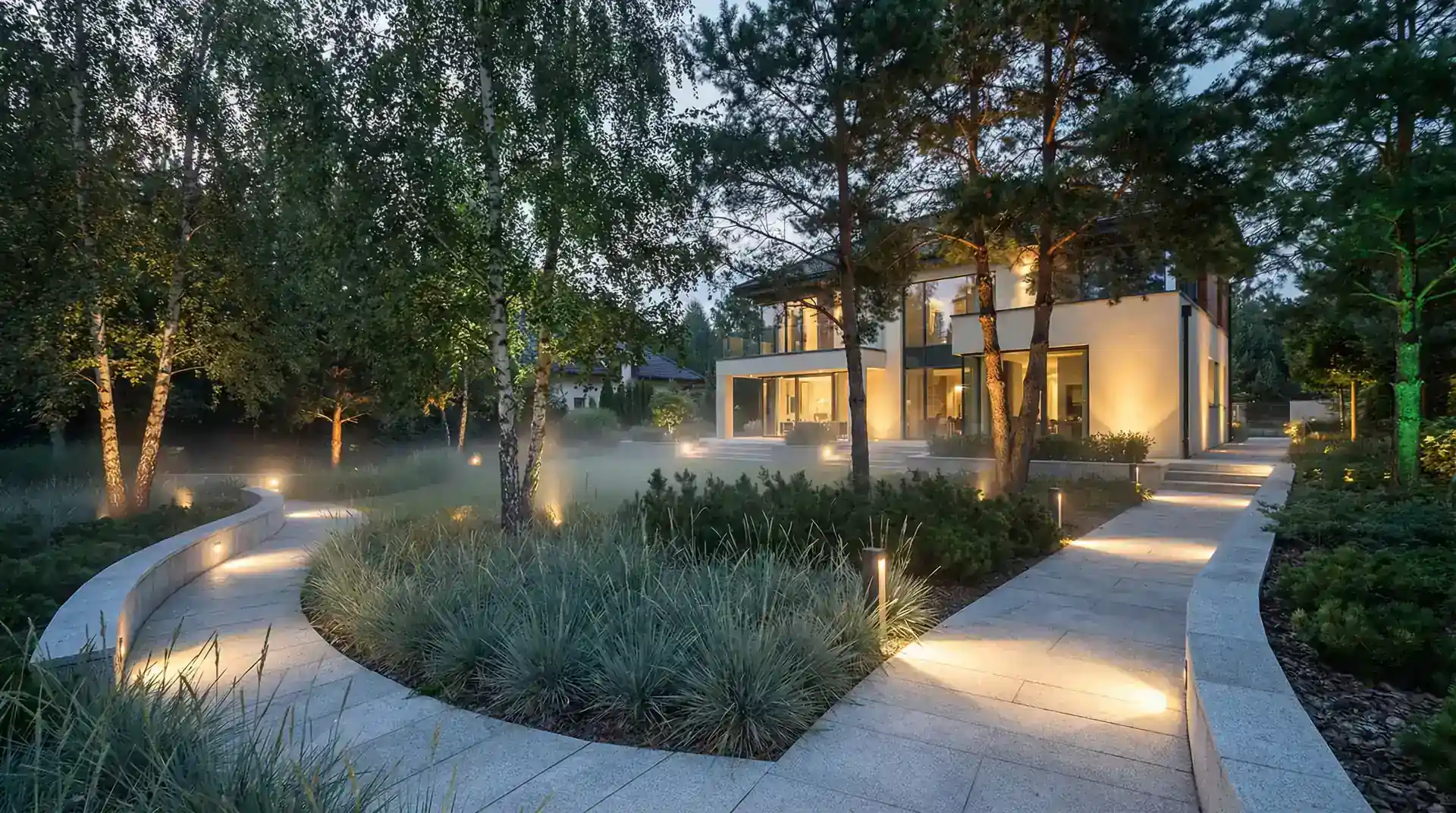 Oświetlony ogród nocą z inteligentnymi lampami LED