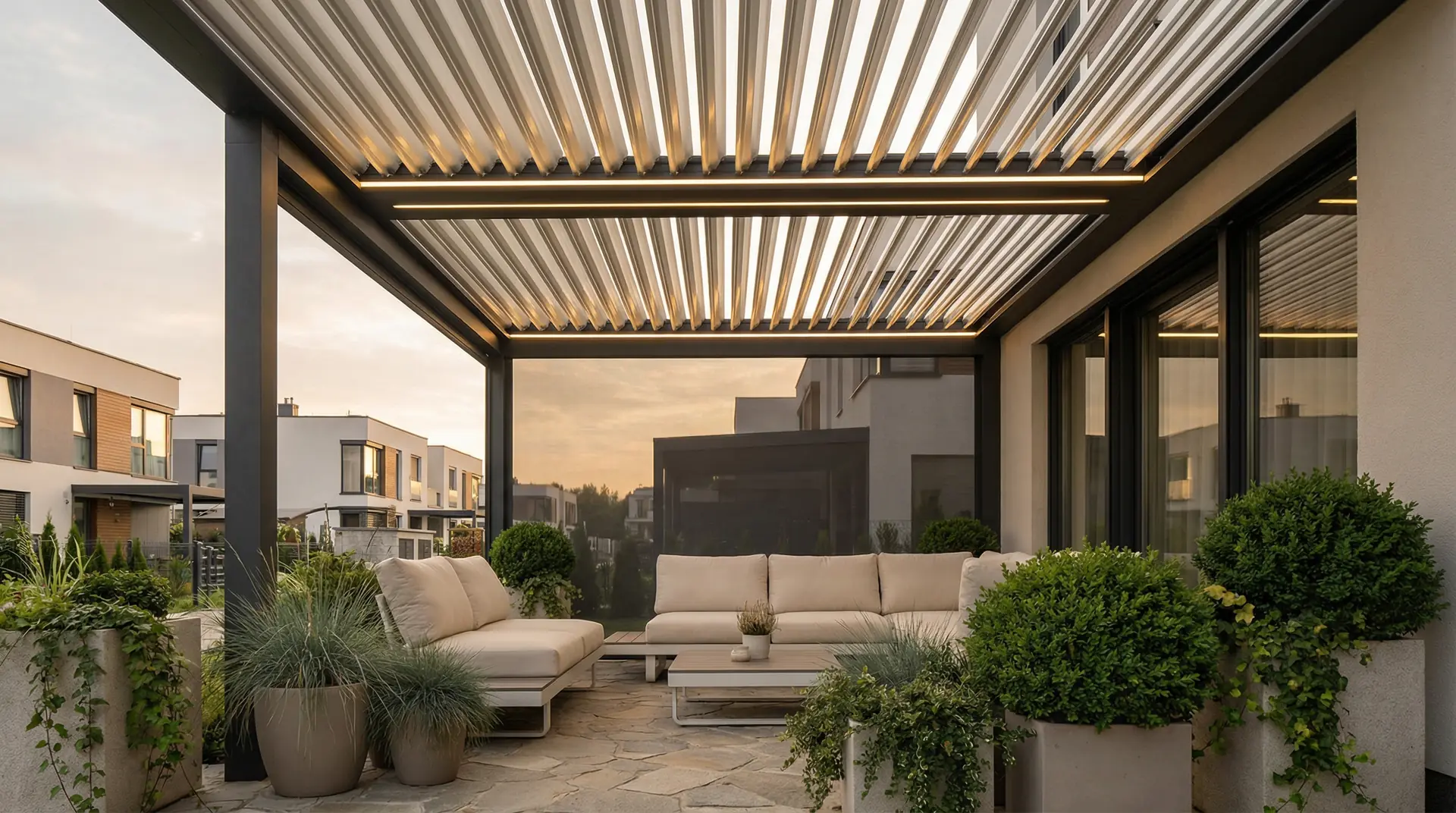 Nowoczesna pergola bioklimatyczna z otwartymi lamelami w polskim ogrodzie