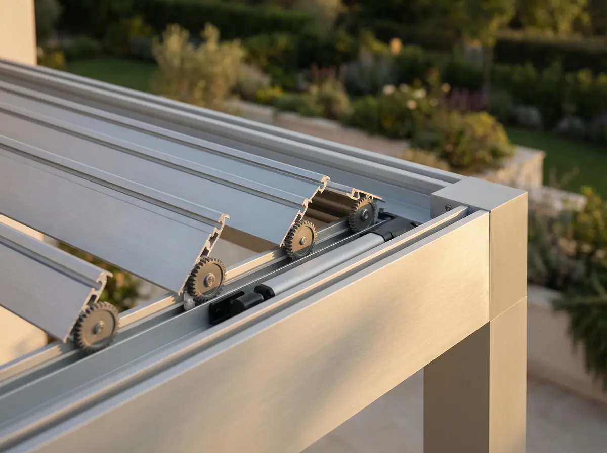 Zbliżenie na mechanizm obrotowych lameli pergoli bioklimatycznej