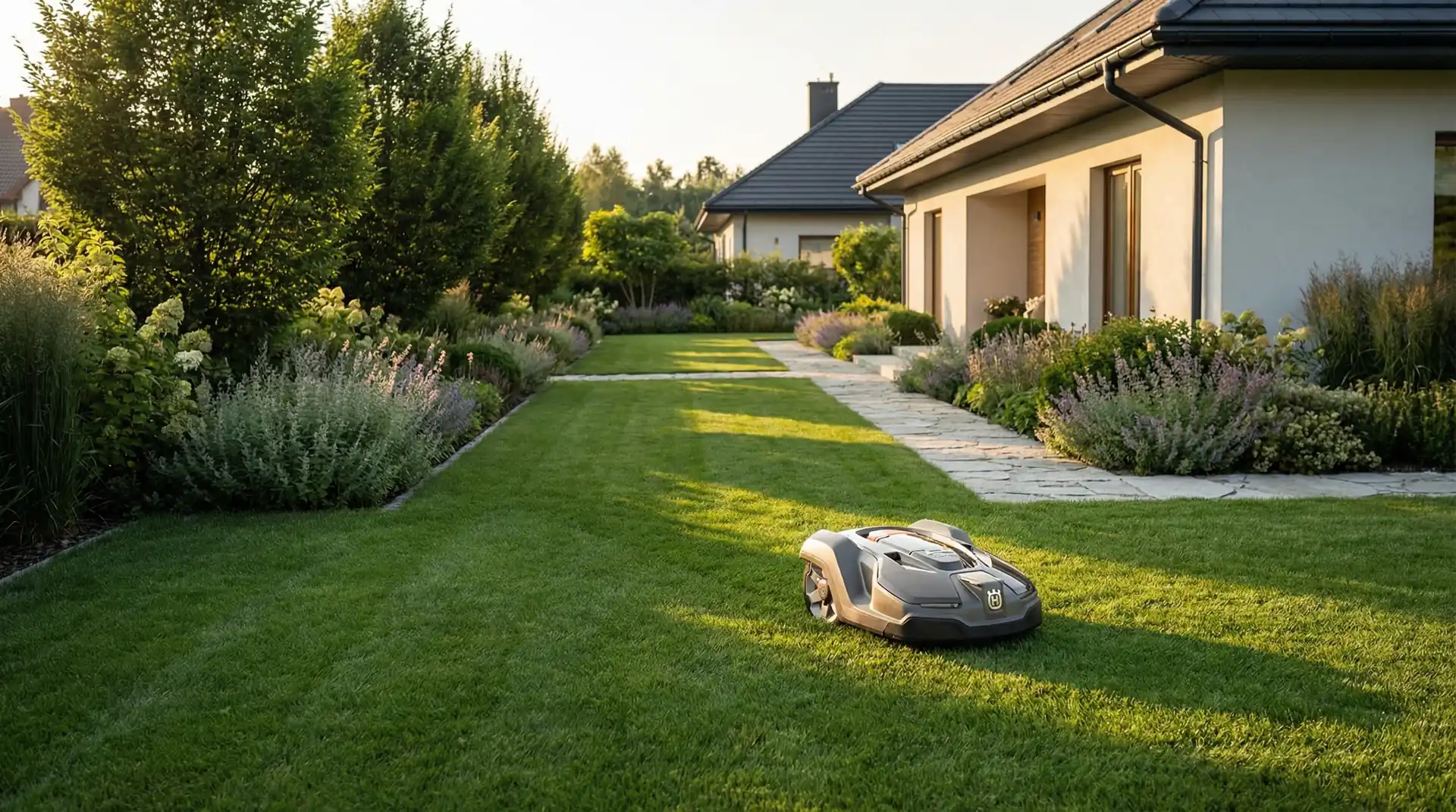 Robot koszący Husqvarna na zielonym trawniku w polskim ogrodzie