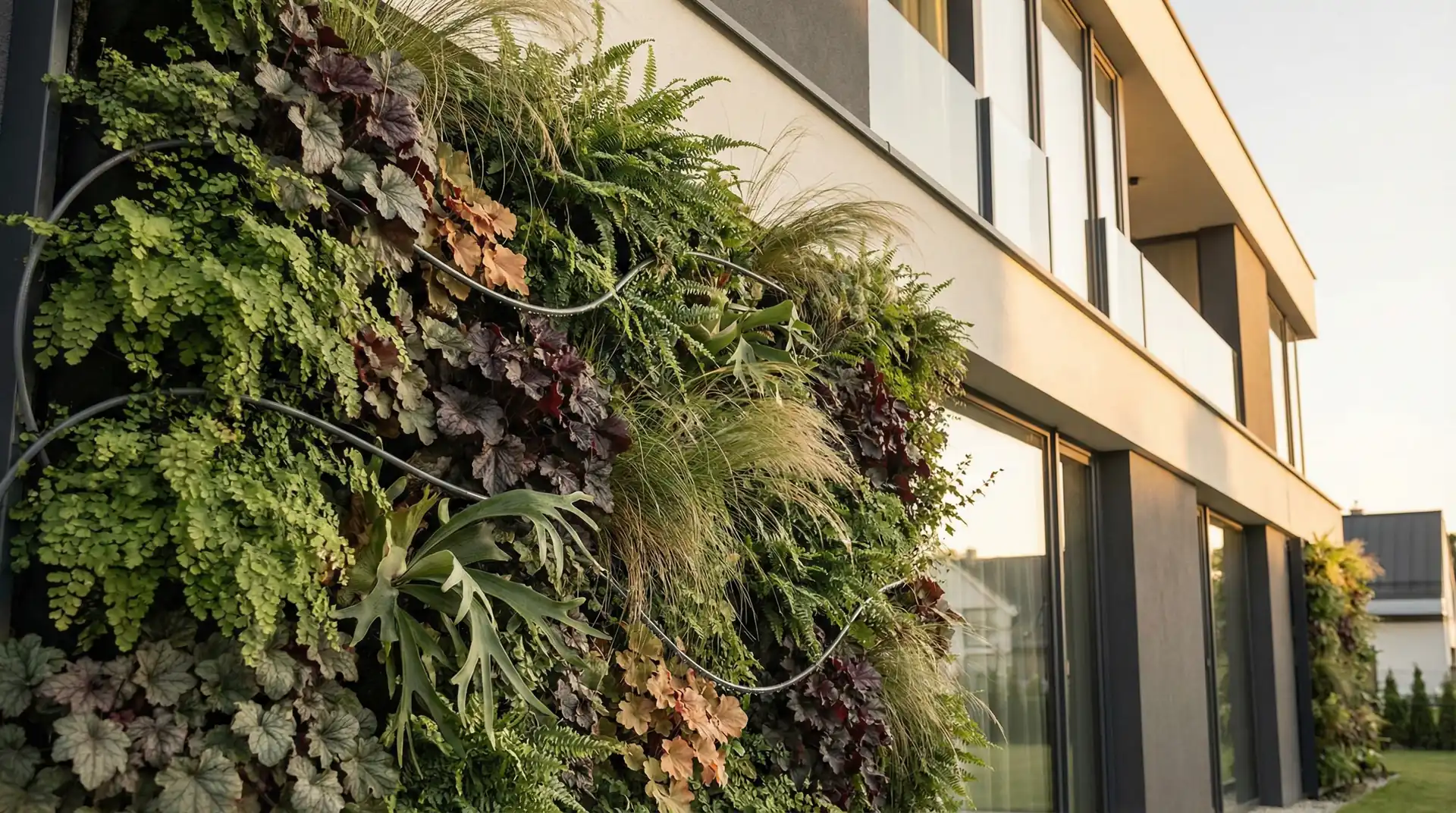 Zielona ściana z bujną roślinnością na elewacji nowoczesnego domu