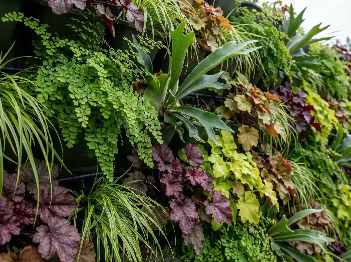 Zbliżenie na strukturę modułową zielonej ściany z różnymi roślinami